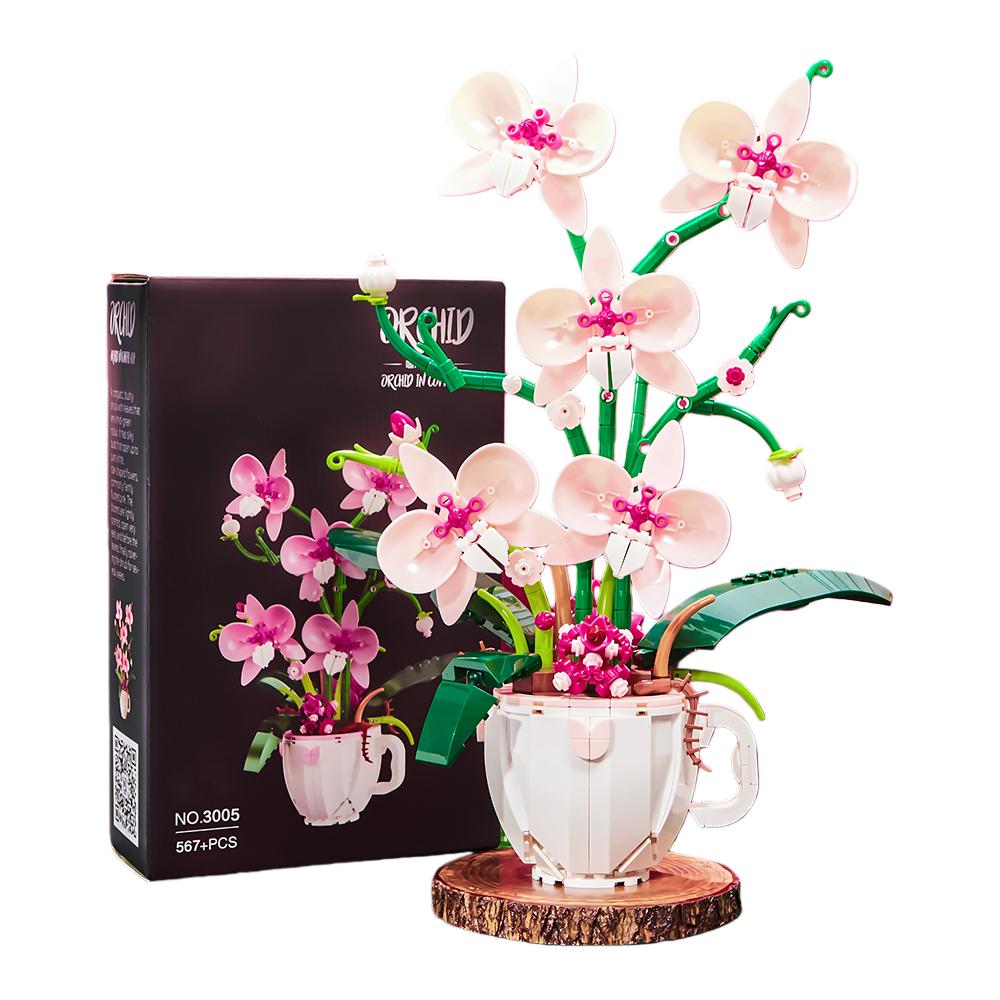 567+Pcs Coffee Cup Orchid Model Building Blocks, Pink Preserved Flower Diy Toy For Girls/Mom, Valentine'S Day/Mother'S Day Gifts