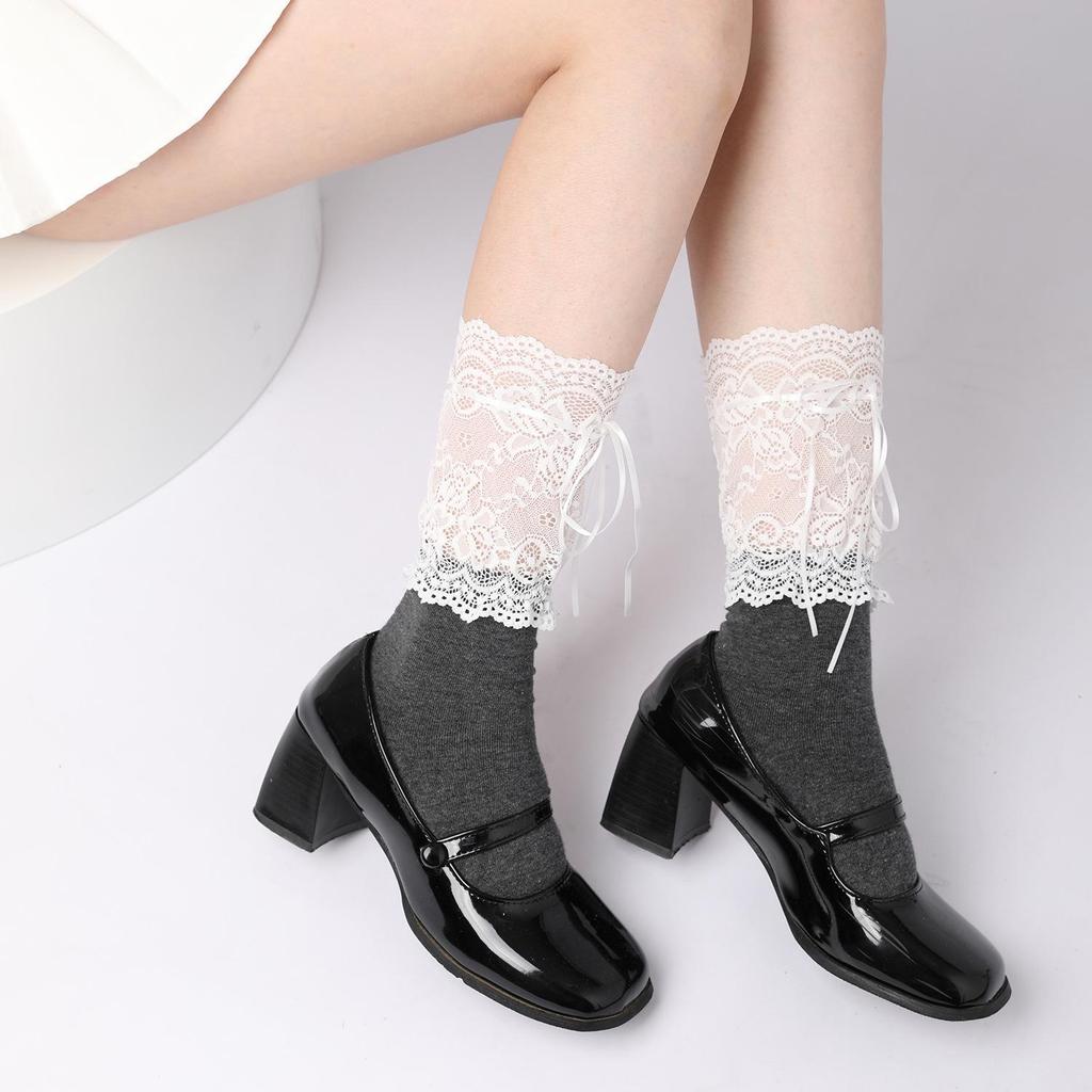 Lolita Lace Frill Mid-Calf Socks with Bow Ribbon - White Ballet Style JK Knee-Highs for Spring & Autumn