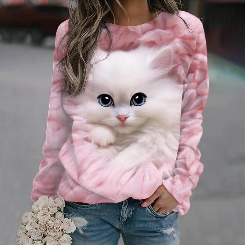 New Cute Cat 3D Printed Women's Fashionable Round Neck Long Sleeved T-shirt