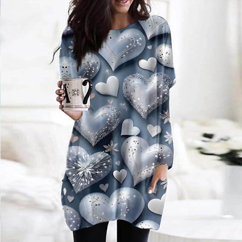 Женский модный повседневный топ с длинным рукавом и круглым вырезом ко Дню святого Валентина с принтом в виде сердца