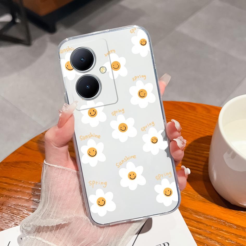Back Cover For Vivo Y35 Plus V27 Y78 Pro Y02A Plus iQOO Neo8 Case Pretty Flower Pattern Clear Soft Silicone TPU Screen Protector Bumper For Vivo Capas