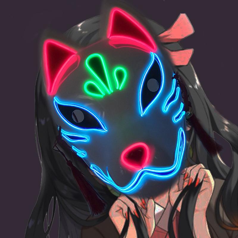 LED Painted Fox Mask Glowing Ctue Kitsune Masks Cute Red Fox Costume Props Japanese Mask For Women Girls Red Animal Mask