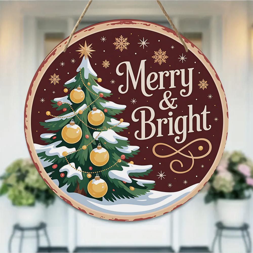Vintage Merry and Bright Christmas tree sign Round Wooden Hanging Plaque seasonal wall art rustic farmhouse holiday home decor interior sign