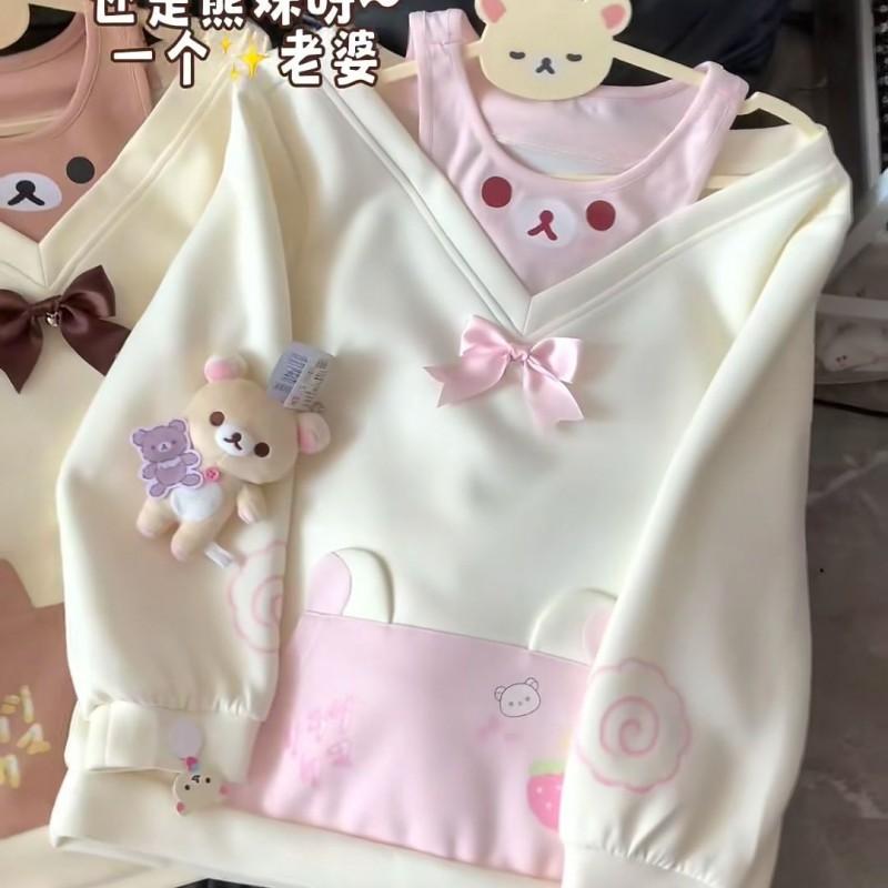 Cute Anime Bear False Two-Piece Long Sleeve Sweatshirt Off Shoulder Loose Top Women