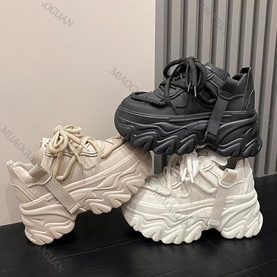 Модные кроссовки на платформе с высоким каблуком 8 см для женщин, на шнуровке, однотонные, спортивные, папины кроссовки, весна-осень, женские спортивные массивные кроссовки