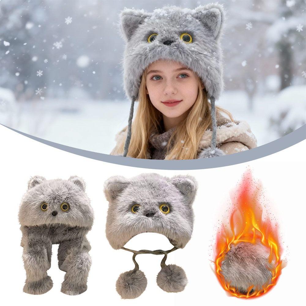 Plush Winter Hat Cute Cat Bucket Hat Thicken Beanie Hats Women Girls