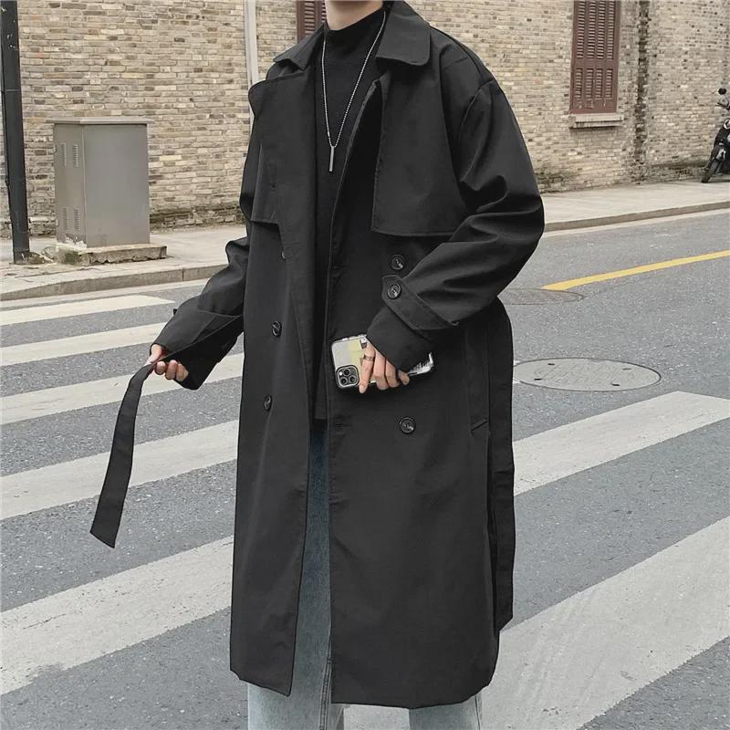 Men's Hong Kong Style Double-Breasted Mid-Length Windbreaker - Handsome Fit, Over-the-Knee Cape, Loose BF Jacket for Spring and Autumn