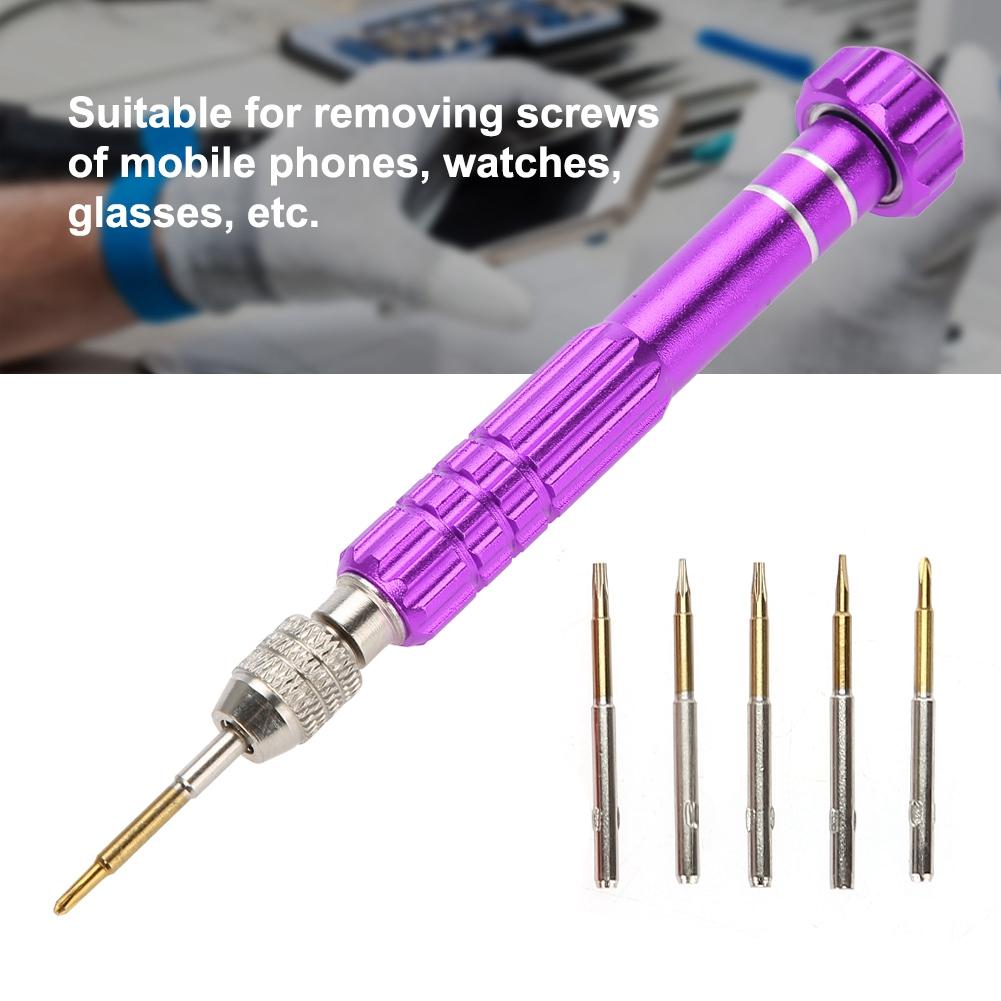 Screwdriver Handle With 5 Precision Bits Phone Glasses Watch Repair Tool Kit (Purple)