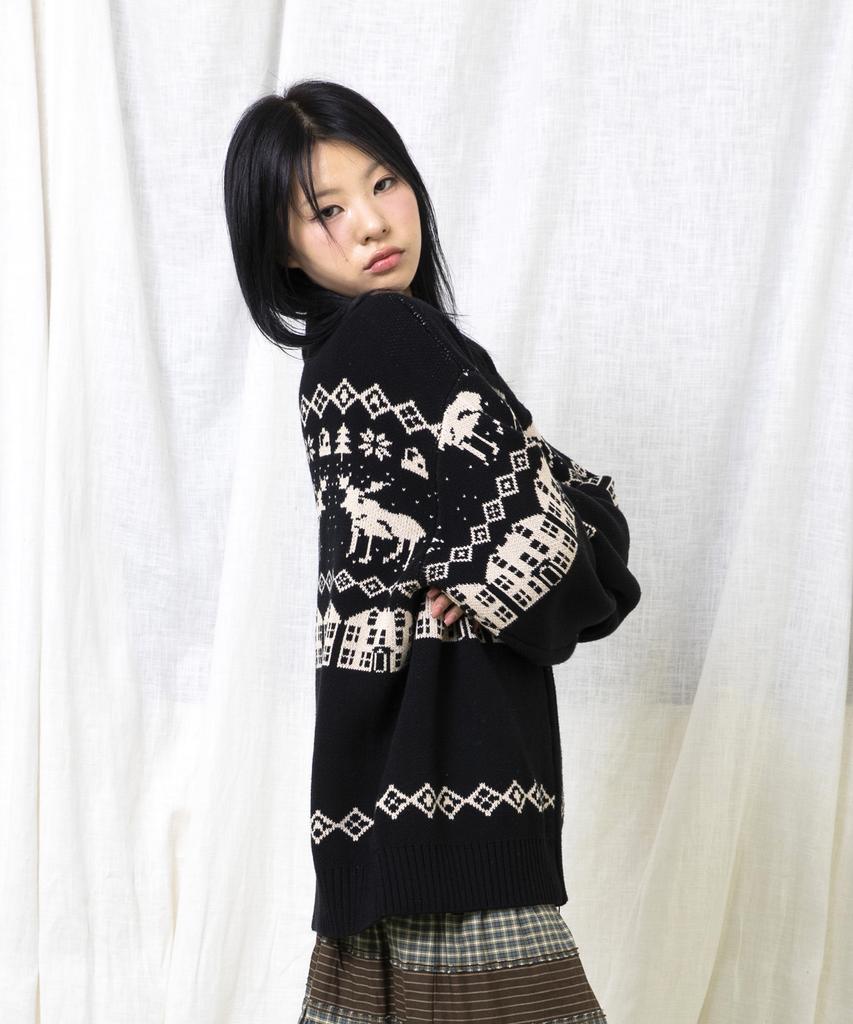 GLACK Gnt071 Kevin Nordic Pattern Knit Zip-Up (Black)