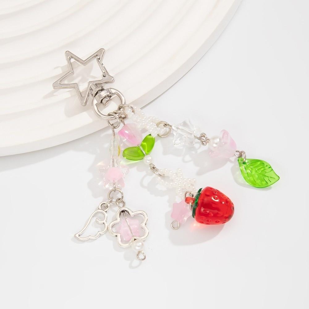 Strawberry Design Beaded Phone Chain Cute Flower Bag Charm Keychain Strap  Coquettish Style