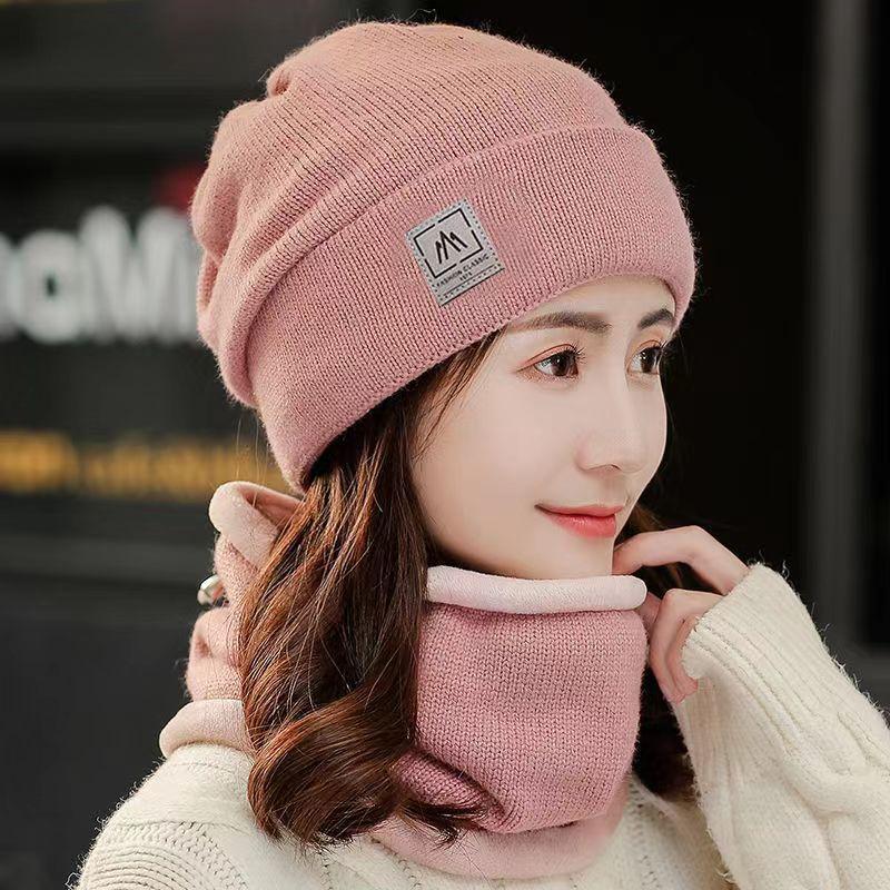 Women Knitted Beanie+Scarf Sets Thicken Velvet Lining Pullover Cap Unisex Winter Warm Plush Bonnet Neck Protection Scarves Hat