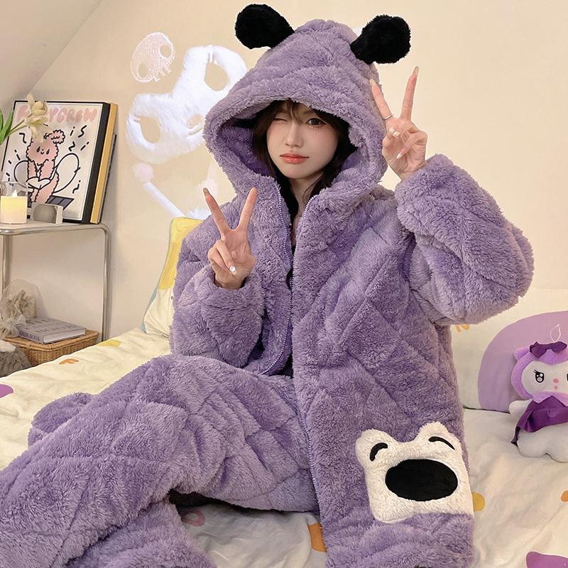 Panda Cartoon Cute Pajamas Winter Women's Flannel Warm Pajamas Large Size Pajamas Pajamas Women's Coral Velvet Home Clothes