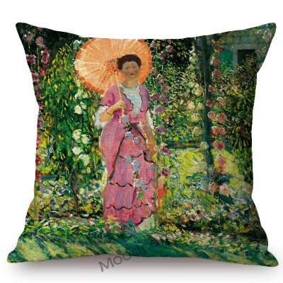 Us Frederick C. Frieseke Impressionism Oil Painting Flower Garden Madame Lady Girl Sofa Pillow Case Green Spring Cushion Cover