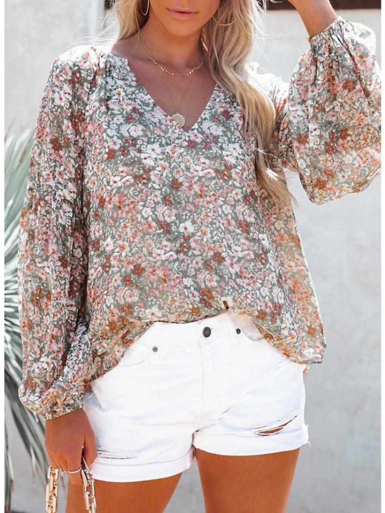 Fashion Women's Casual Tops Spring/Summer V-neck Lantern Sleeve Floral Chiffon Shirt Top with Lining Comfortable and Versatile T-shirt for Ladies