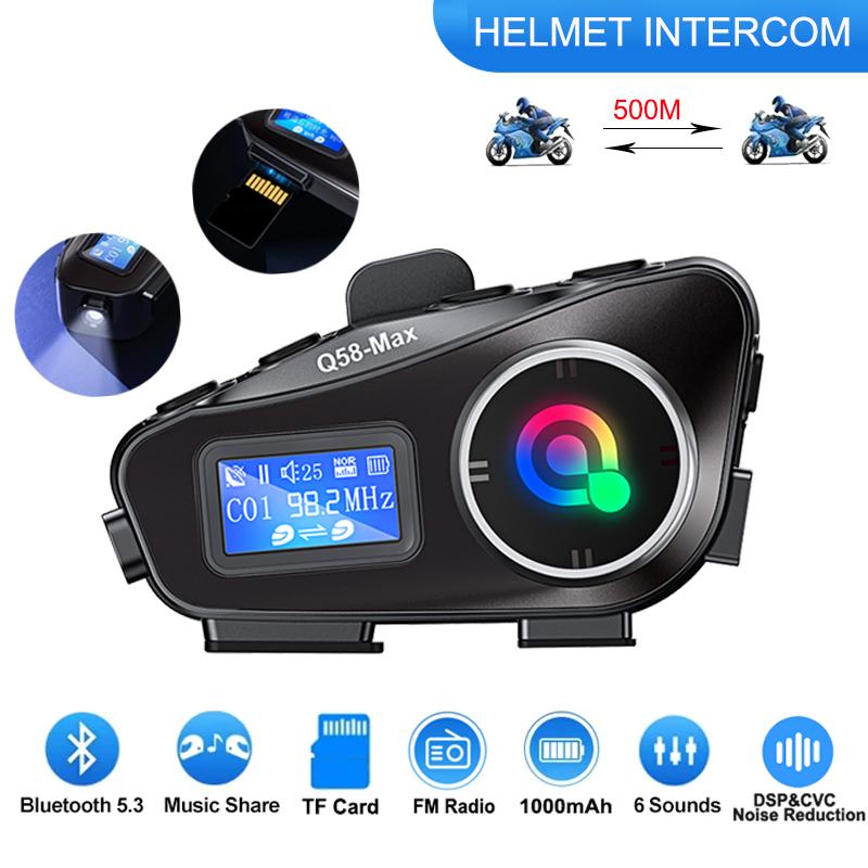 Motorcycle Helmet Intercom Bluetooth Headset To 2 Riders Waterproof Interphone LCD Display Multifunction Flashlight TF Card Music Sharing Function
