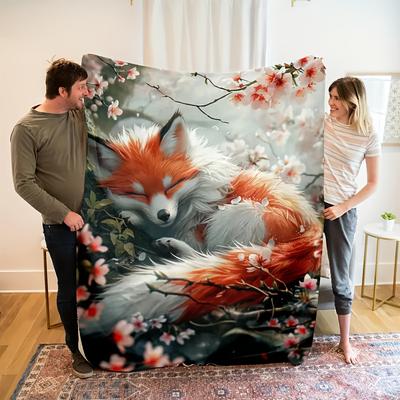 Уютный винтажный флисовый плед с принтом лисы. Мягкий, двусторонний, всесезонный комфорт для дома и путешествий | Легкий, теплый и универсальный