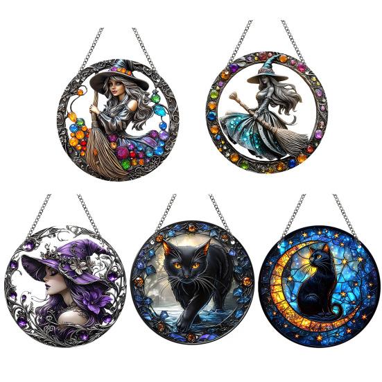 Halloween Witch Black Cat Hanging Sign 2D Flat Acrylic Broom