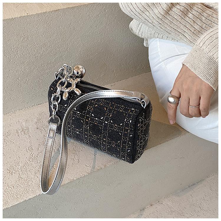 Ielgy Small Square Bag Retro Rhinestone Denim Bag Shoulder Messenger Pillow Bag