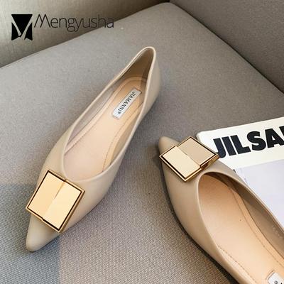 Модные брендовые туфли с металлической пряжкой, женская обувь из цельной кожи, весна 2024 г., женские балетки с острым носком, мокасины на плоской подошве для работы, для девочек, Лолита