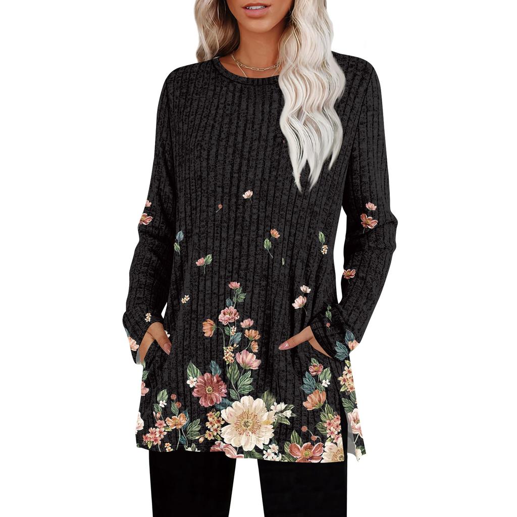 Womens Sweaters Crewneck Long Sleeve Shirts With Pockets Fall Outfits  Fashion Winter Clothing Side Slit