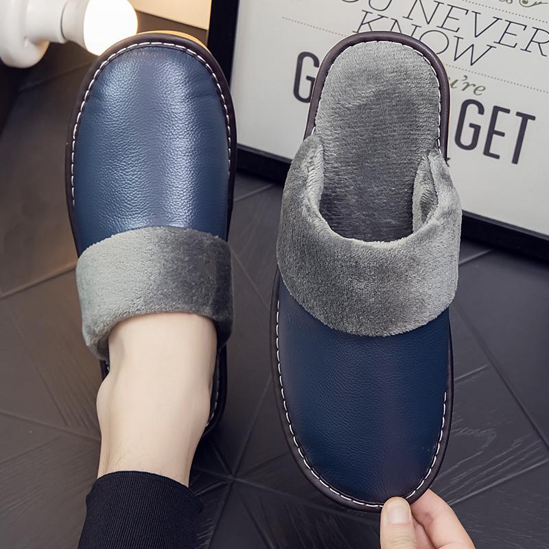 Женские тапочки 2024 года, новые зимние тапочки из искусственной кожи, теплые домашние тапочки, водонепроницаемая домашняя обувь, унисекс, теплые кожаные тапочки