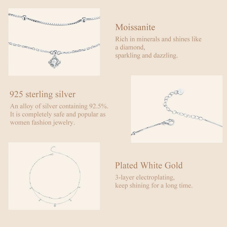 BAMOER двухслойное ожерелье с кисточками из муассанита, стерлинговое серебро 925 пробы, круглое многослойное стильное изящное колье-колье