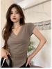 Women's Summer 2024 V-Neck Solid Flutter Sleeve Waist-Cinching Top