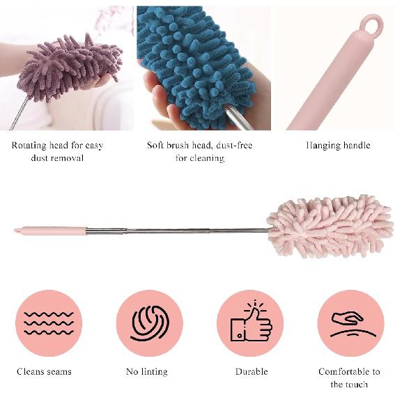 2PCS Car Interior Duster with Extension Pole, 11.8" to 30.5" Retractable Dusters Auto Dash Cleaning Tool, Soft Chenille Hand Washable Dusters for Car