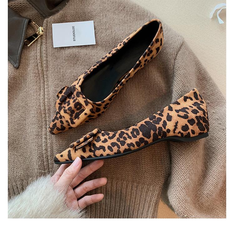 Sheepskin Version~ Square Buckle Leather Leopard Print Shoes Flat Mary Jane Shoes Women's Shallow Mouth Single Shoes Soft Sole Pointed Shoes Ladyshoes