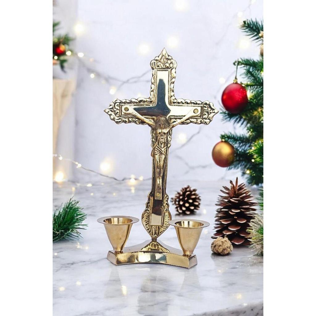 Brass Crucifix Cross Statue | Idol Jesus Christ On Cross with Candle Stand Prayer | Worship Home Office Decoration Golden Antique Finish (5 Inch) New