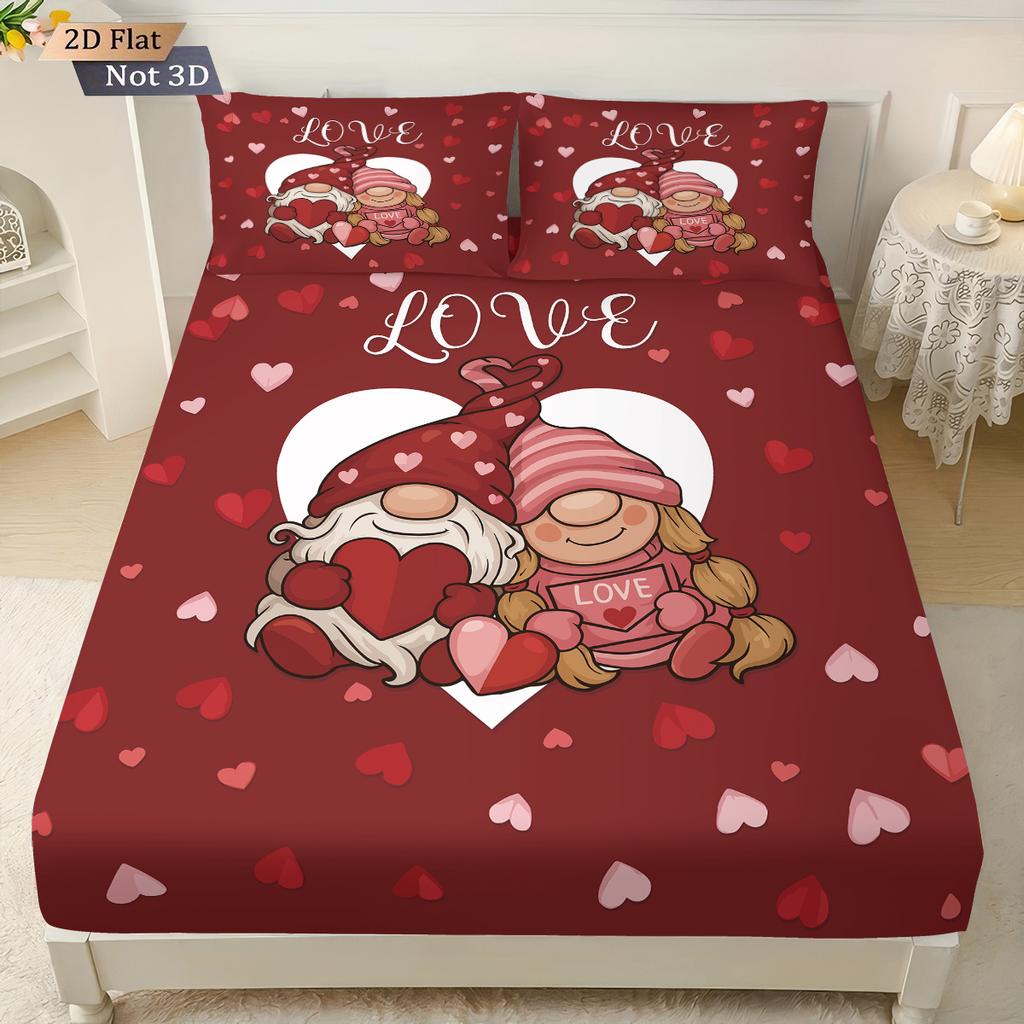 3pcs Valentine's Day red romantic goblin print coreless bed sheet set multi size bedroom bedcover decoration machine washable