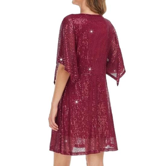 Women Prom Dress Half Split Bat Sleeve Round Neck Loose Shiny Sequin Double-layered Belted Tight High Waist Soft Club Party Lady Mini Dress