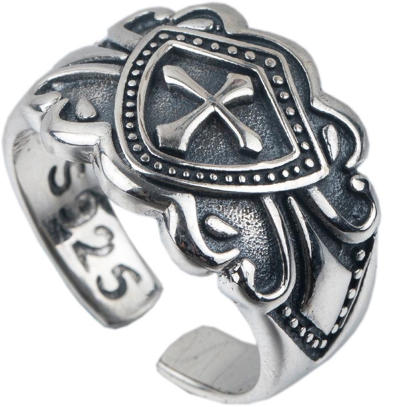 Sterling Silver Couples' Crusader Shield Ring - Open Wide Retro Punk Style