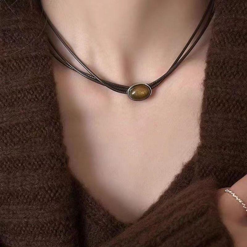 Vintage Metal Y2K Fashion Imitation Natural Tiger Eye Stone Pendant Necklace Punk Bohemian Women's Cool Zircon Gift Accessories