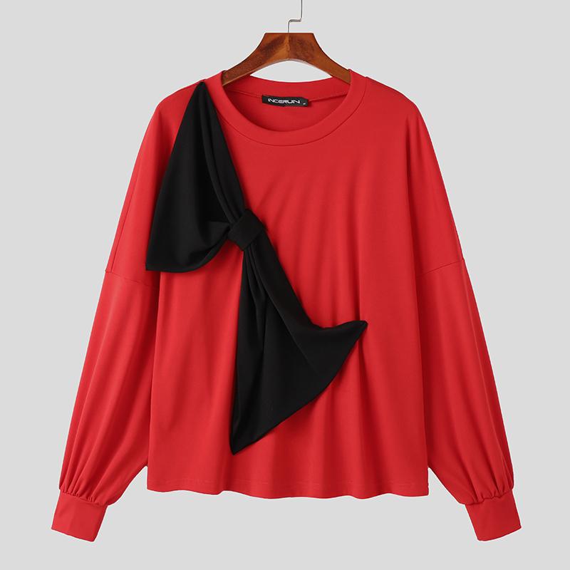 INCERUN Men Round Neck Big Bow Patchwork Long Sleeve Pullover Tops
