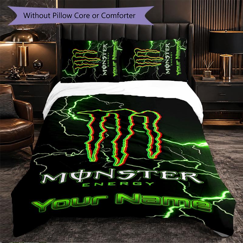 Monster Energy Customized Name Text Bedding Set, 1 Duvet Cover & 2 Pillowcases Personalized Bedroom Gift