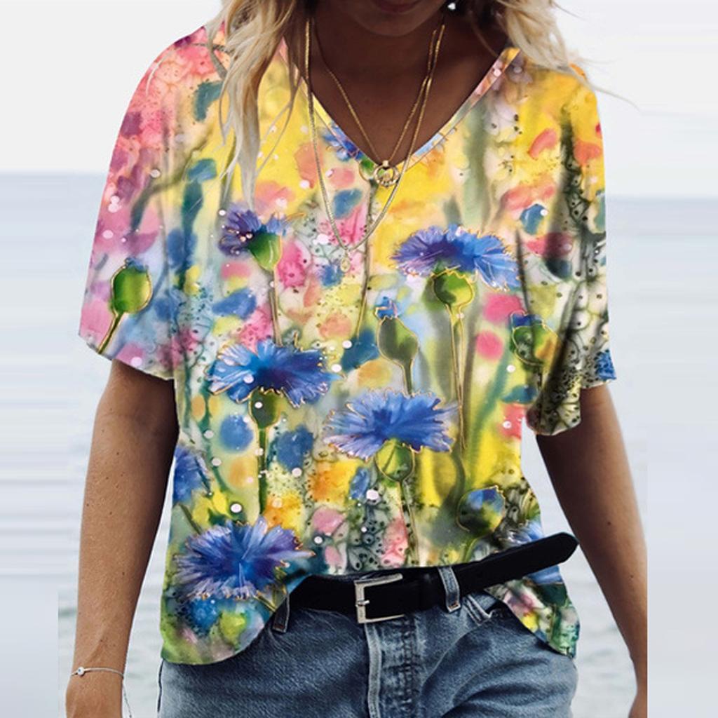 Women Plant Flowers Print T Shirt Summer 2021 New Fashion Casual Street Tops Loose Short Sleeve V-Neck Female Tee Tops