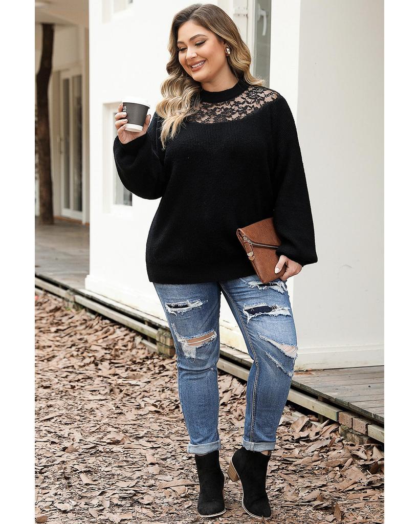 Azura Exchange Black Plus Size Ribbed Knit Lace Splicing High Neck Sweater