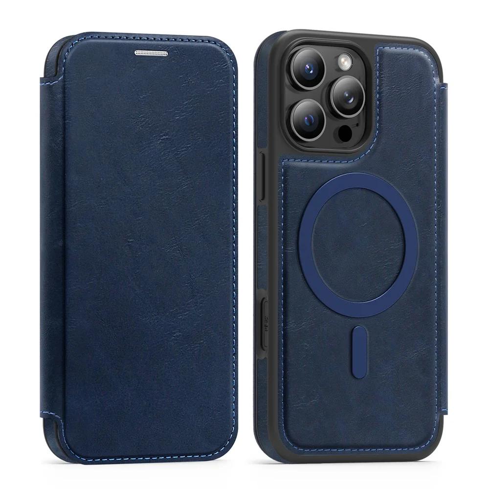 Для кожаного чехла-книжки MagSafe для iPhone 16E 16 15 Plus 14 13 12 11 Pro Max, кошелек с блокировкой RFID и держателем для карт, чехол