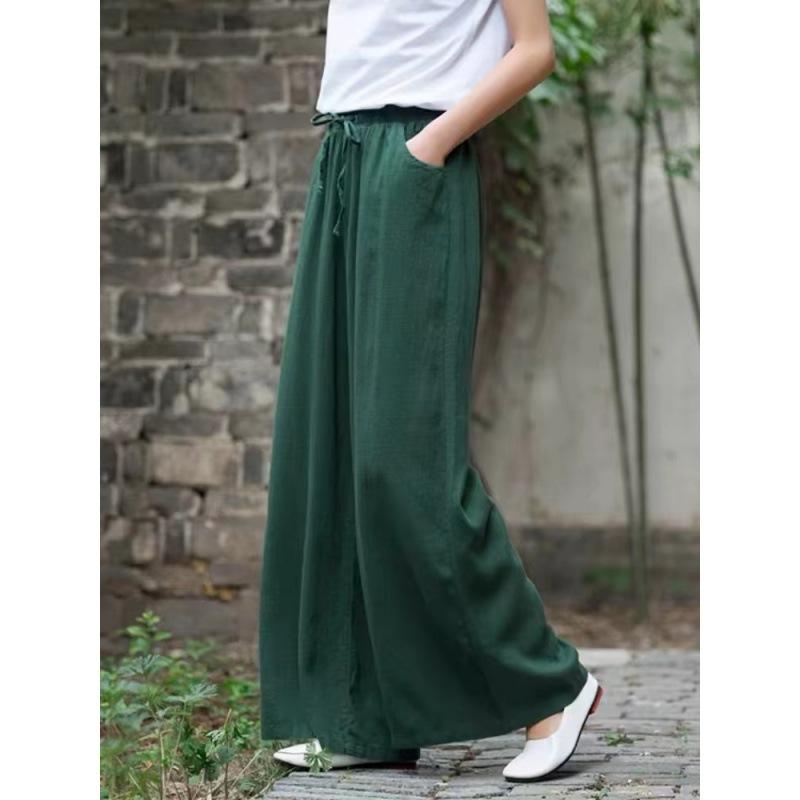 Casual Women's Solid Color Wide Leg Spring and Autumn Pockets Cotton Linen Women Long Pants