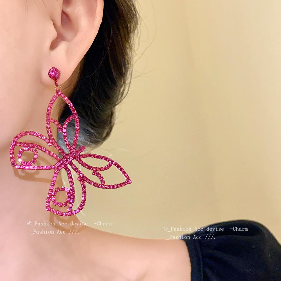 Silver Needle Diamond Butterfly Pendant Earrings Light Luxury High-end Earrings Fashion Exaggerated Temperament Earrings Design Sense Niche