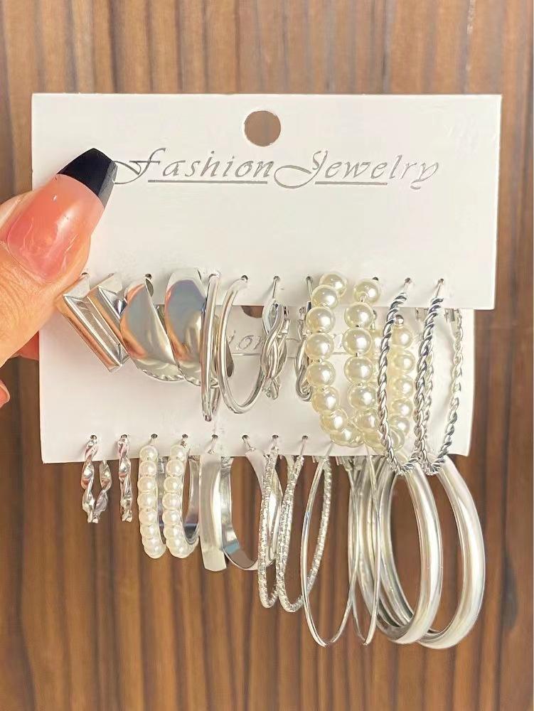 2026 Взрывные Серьги Серьги Геометрические Квадратные Серьги Ретро Жемчуг Набор Открыток Сплав Серьги Комбинация Серег