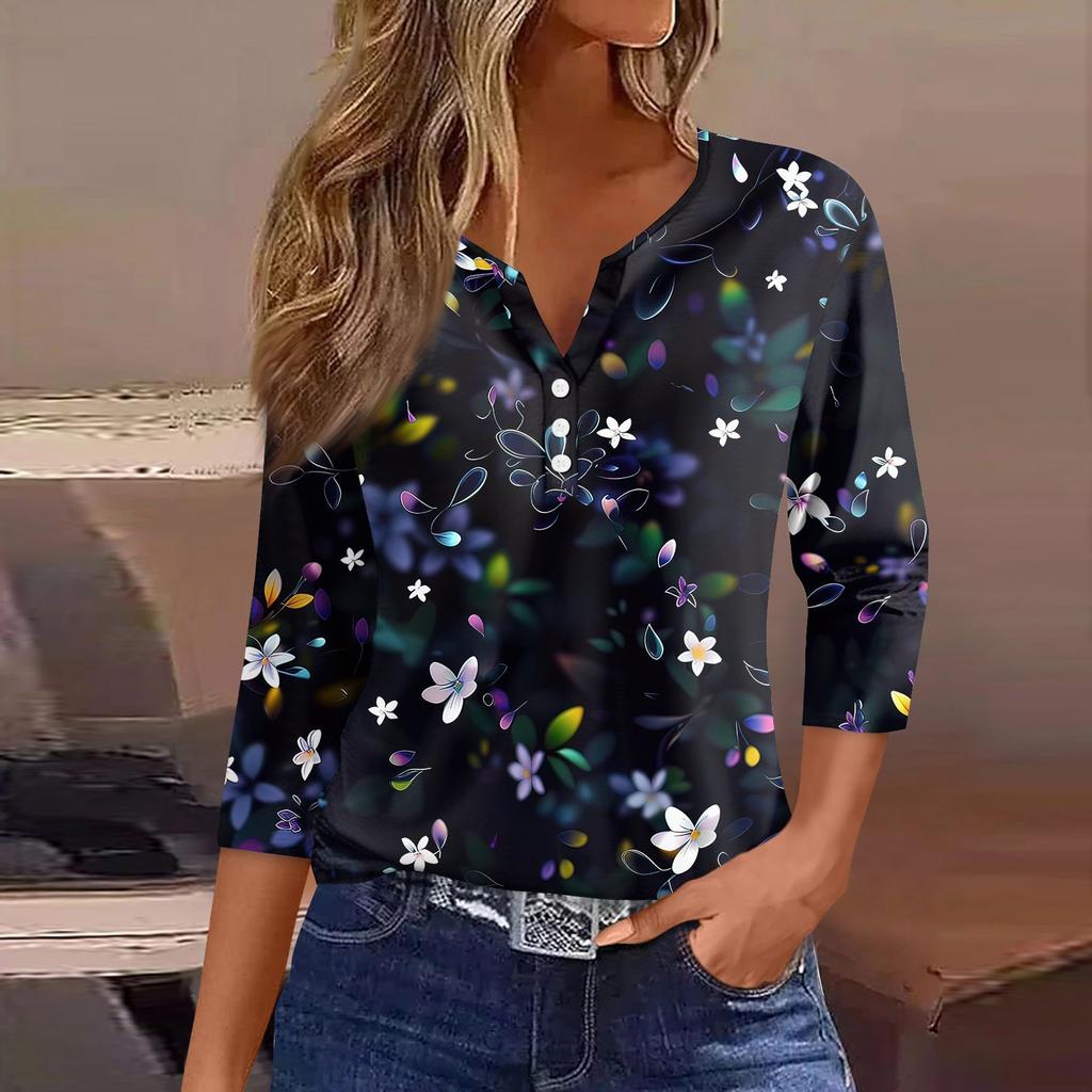 Жен. Футболка С принтом Пуговицы Рукав 3/4 Повседневные Выходные Мода Классический Классический V-образный вырез Обычный Верх