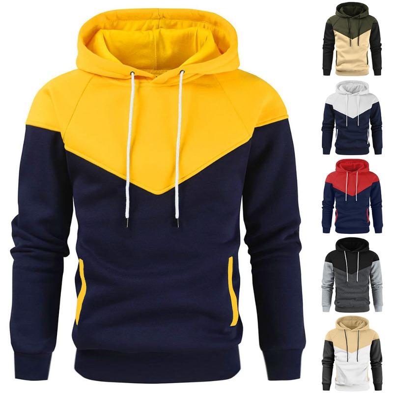 Men's Patchwork Hooded Sweatshirt Hoodies Clothing Casual Loose Fleece Warm Streetwear Male Fashion Autumn Winter Sports Outwear
