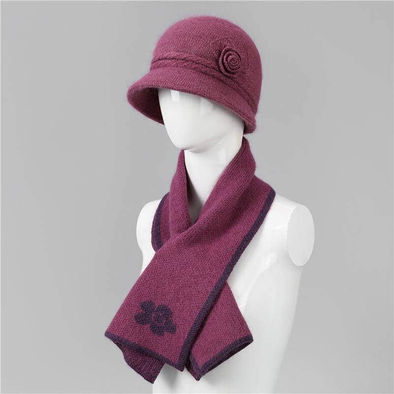 In the elderly autumn and winter hat women's solid color elegant flower mother hat thickened rabbit hair warm knitted wool hat