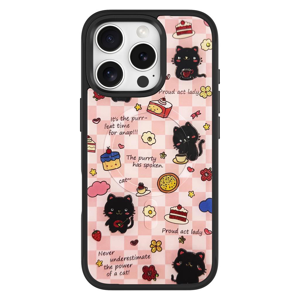 For iPhone 16 Pro Max Magnetic Case TPU PC Phone Cover with Detachable Happy Black Cat Backplate