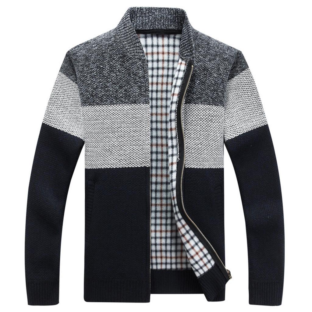 Men's Long-sleeved Stand-up Collar Colorblock Plush Thickened Cardigan Sweater Slim Fit Casual Sweater