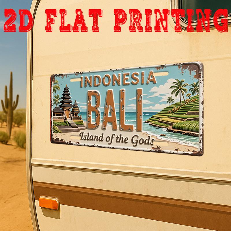 D Flat pc Vintage Aluminum Sign Decorative Plaque And Signboard Bali Sign Retro Wall Art of Temples And Rice Terraces