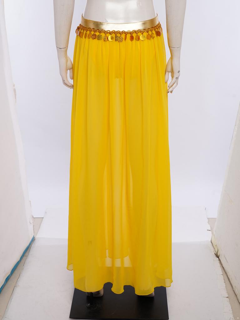 Women's Belly Dance Costume Set: Self-Tie Halter Crop Top with Built-In Briefs & Side Slit Chiffon Skirt + Removable Split Sleeves