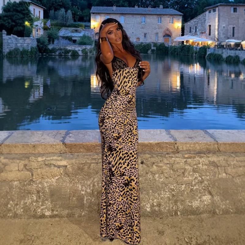 Womens Sleeveless Lace V-Neck Leopard Print Slim Fit Midi Dress Party Casual Wear